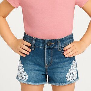 Cat & Jack Lace Blue Denim Shorts White Lace Trim Snap Zip Closure Small 6 6X